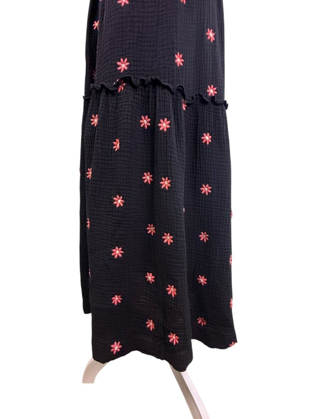 Boutique Style Black Smocked Midi Dress Pink Embroidered Floral Cottagecore M - Picture 11 of 14
